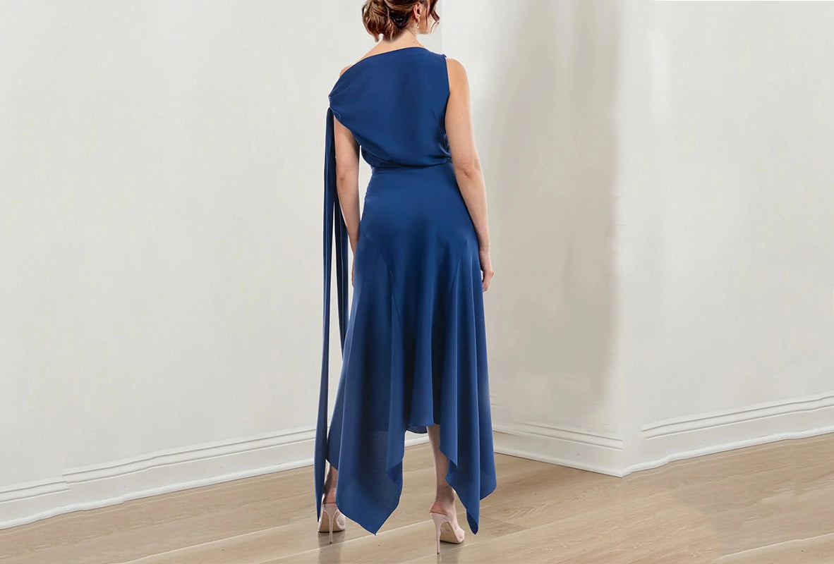 Asymmetric Navy Blue Mother of the Bride Dress with Jewel Neck