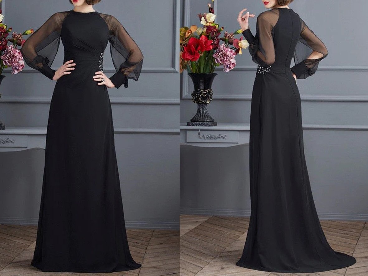 Vintage Mother of the Bride Dress with Ruched Long Design and Sheer Sleeves