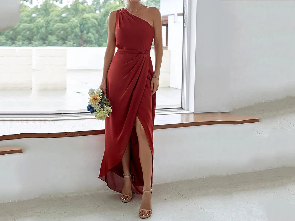 Rust Red One Shoulder Bridesmaid Dress - Tulip Ruched Style P659