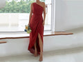 Rust Red One Shoulder Bridesmaid Dress - Tulip Ruched Style P659