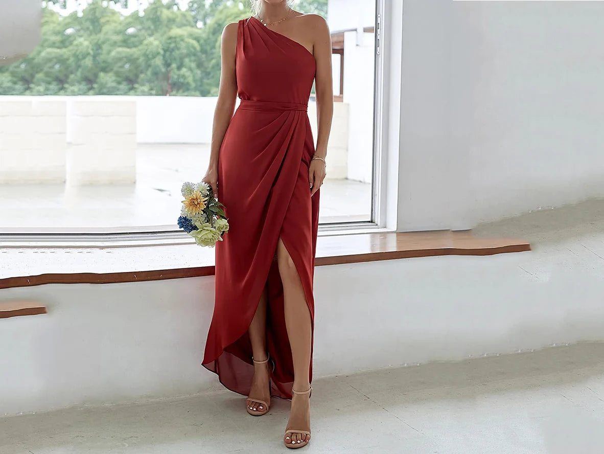 Rust Red One Shoulder Bridesmaid Dress - Tulip Ruched Style P659