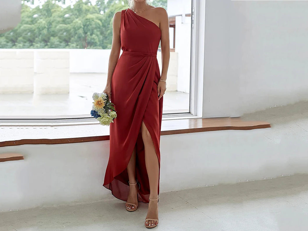 Rust Red Tulip Ruched One Shoulder Bridesmaid Dress P659