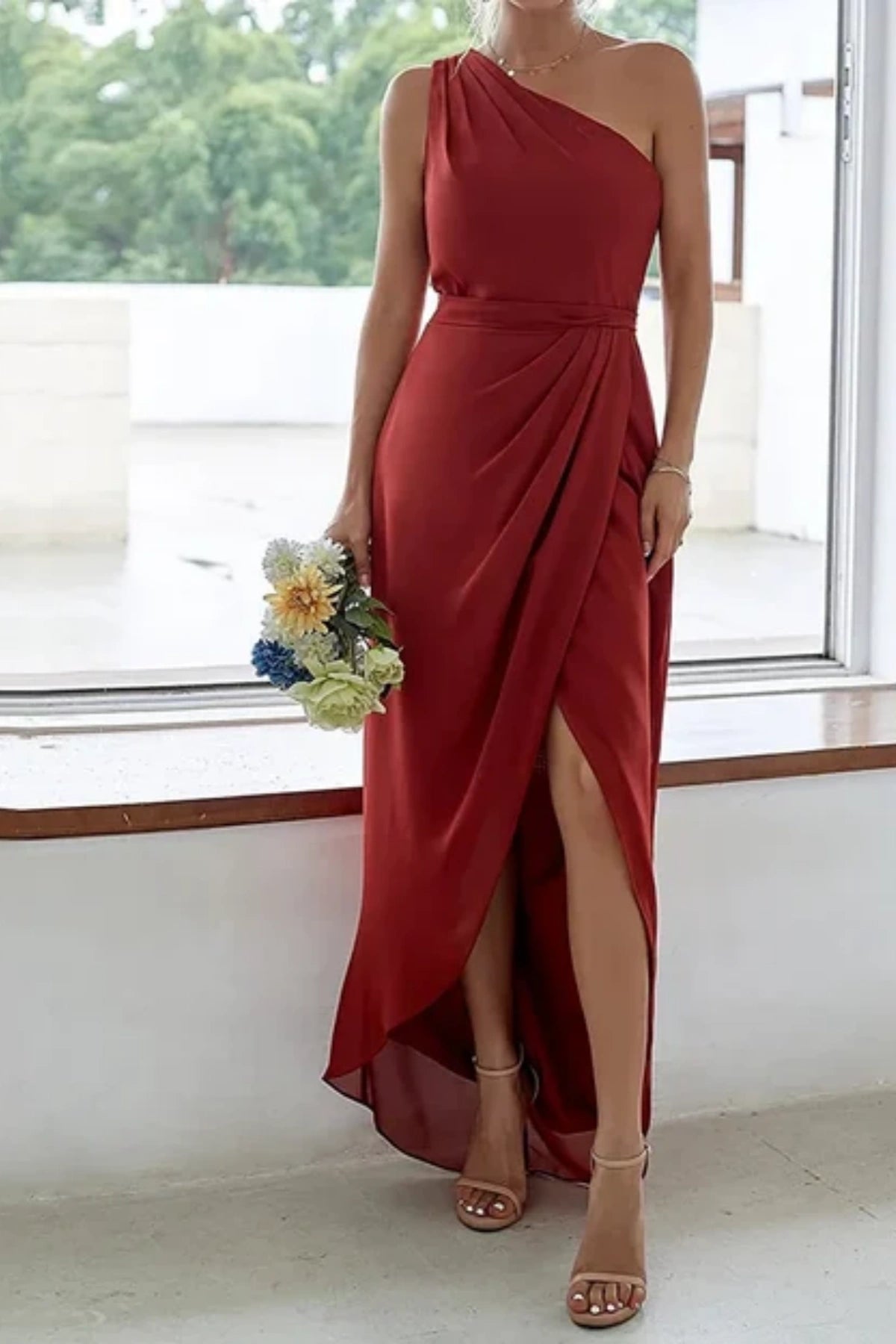 one shoulder chiffon bridesmaid dress with one shoulder neckline and wrapped style slit