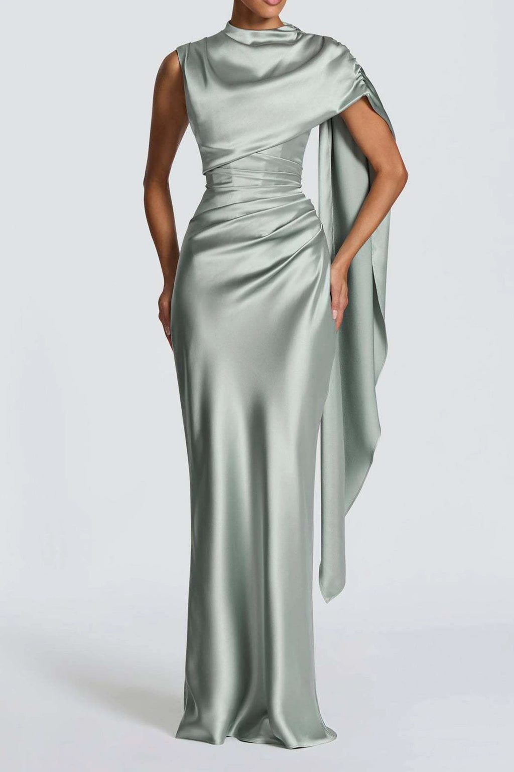 Front full-length view of the high-neck satin cape sleeve formal dress in soft sage green