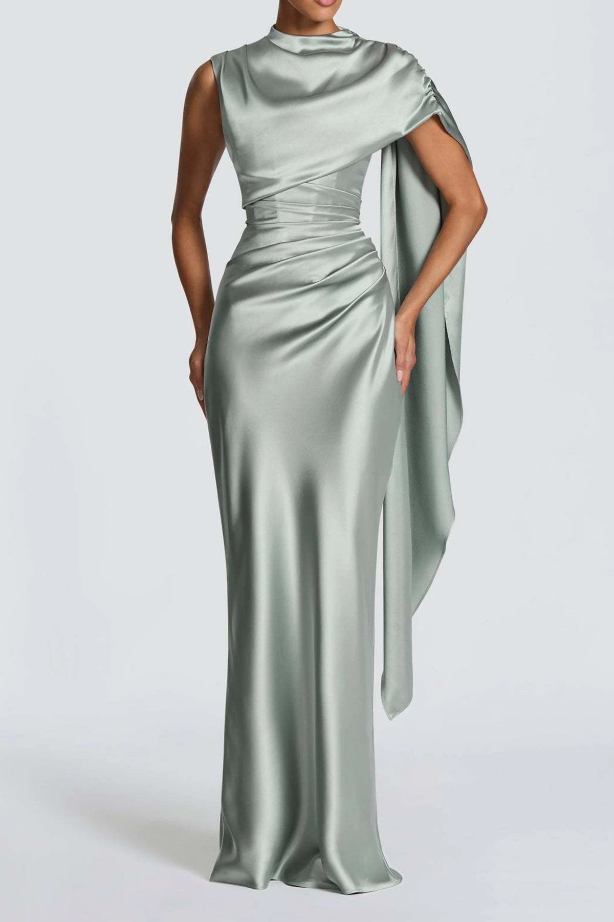 Front full-length view of the high-neck satin cape sleeve formal dress in soft sage green