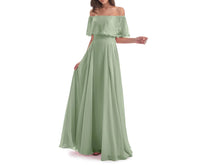 Load image into Gallery viewer, Flowy Long Sage Green Bridesmaid  Dresses With Off the Shoulder Neck P647