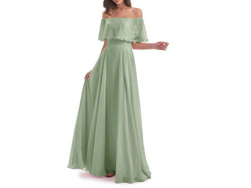 Flowy Long Sage Green Bridesmaid  Dresses With Off the Shoulder Neck P647