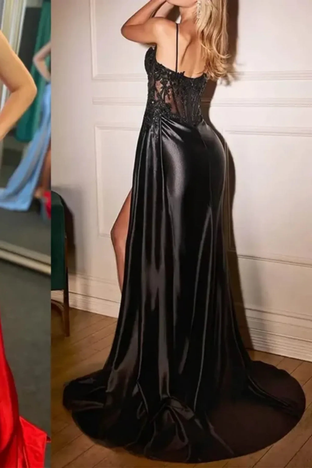 sleek sophisticated spaghetti straps black prom dress