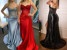 Load image into Gallery viewer, Olive Green Drapped Straps Corset Sheath Prom Dress with Slit