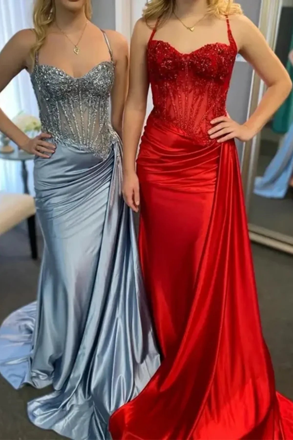 teen girls in sequin ruched sheath prom dress with see through bodice