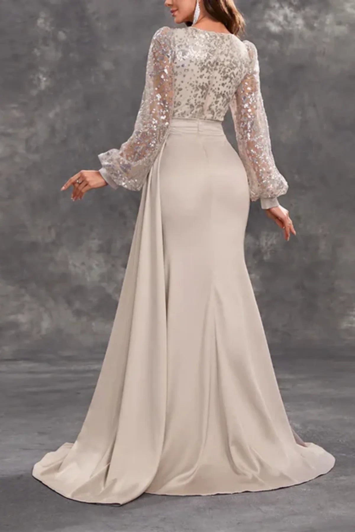 Champagne Mother of the Bride Dress with Ruffled Satin and Sequined Long Sleeves