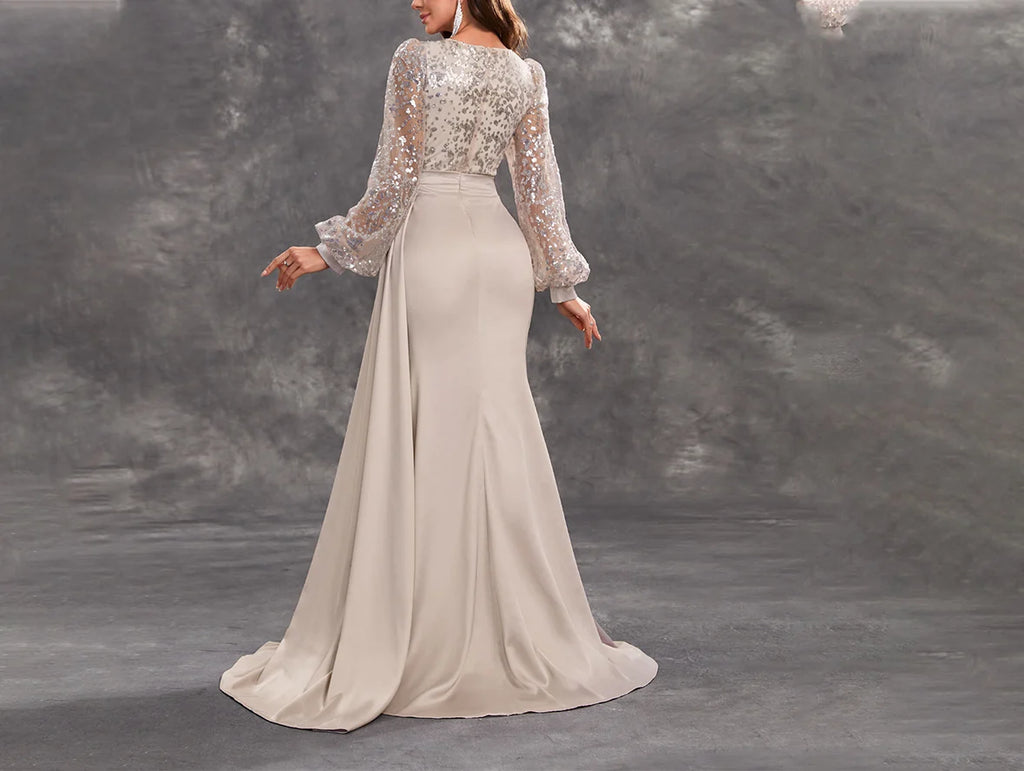 Champagne Mother of the Bride Dress with Ruffled Satin and Sequined Long Sleeves