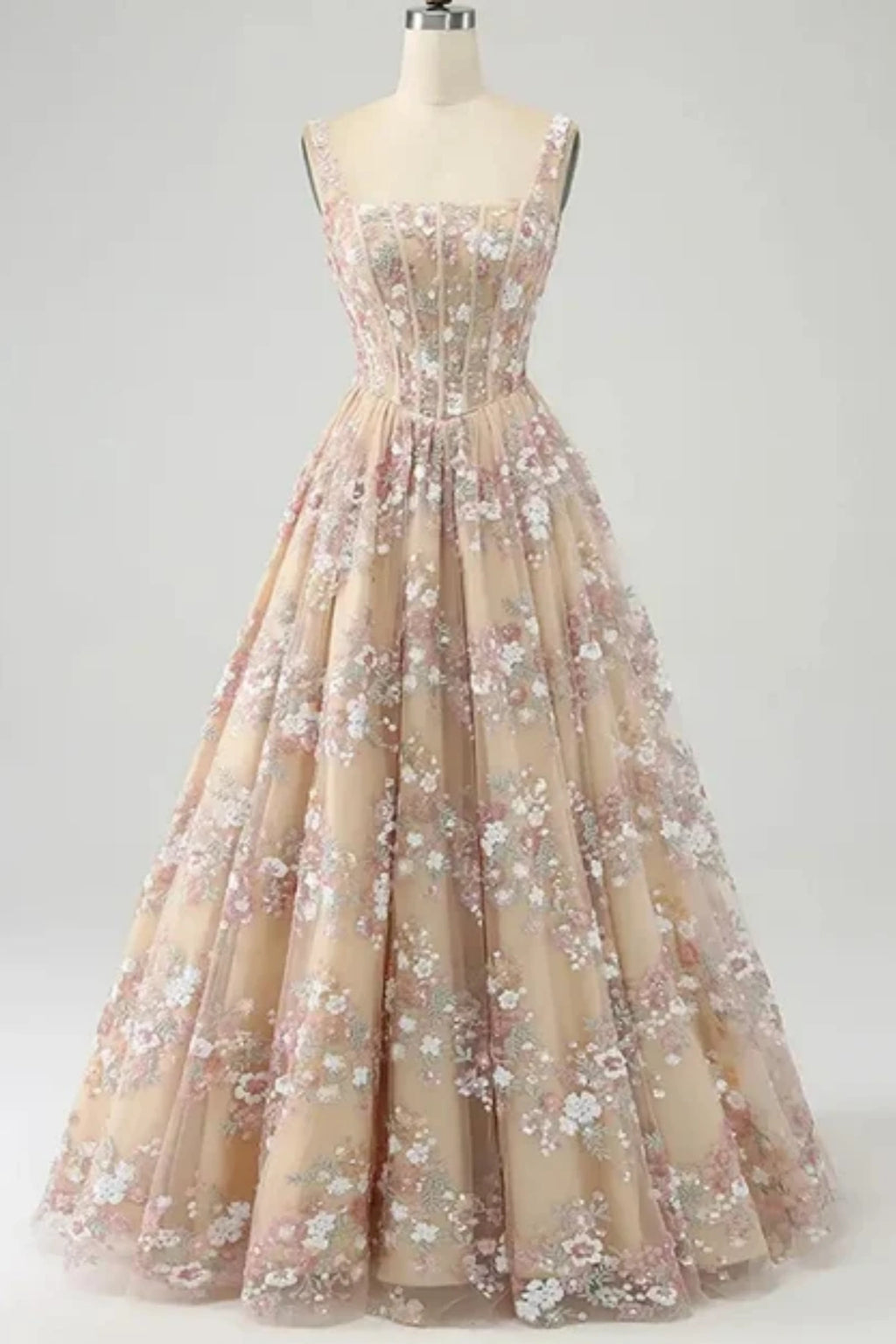 flower patterned embellished prom gown with square neckline and corset bodice