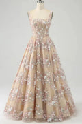 flower patterned embellished prom gown with square neckline and corset bodice