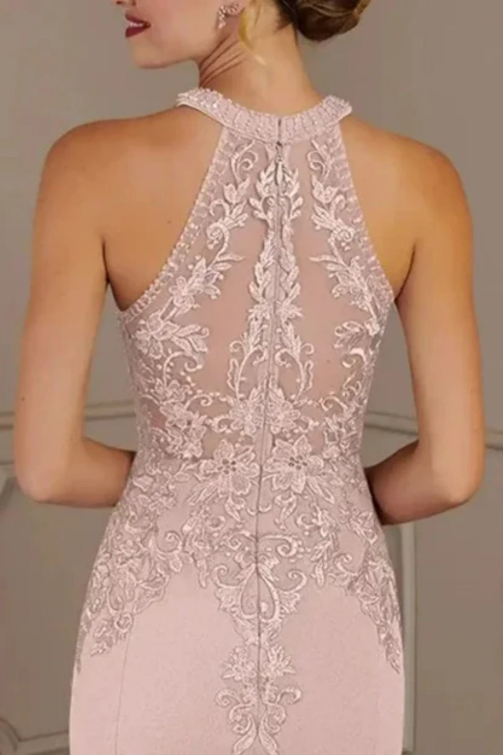 Close-up of the back of a dusty rose wedding guest dress showing the detailed sheer illusion fabric accented with elegant floral lace appliqués