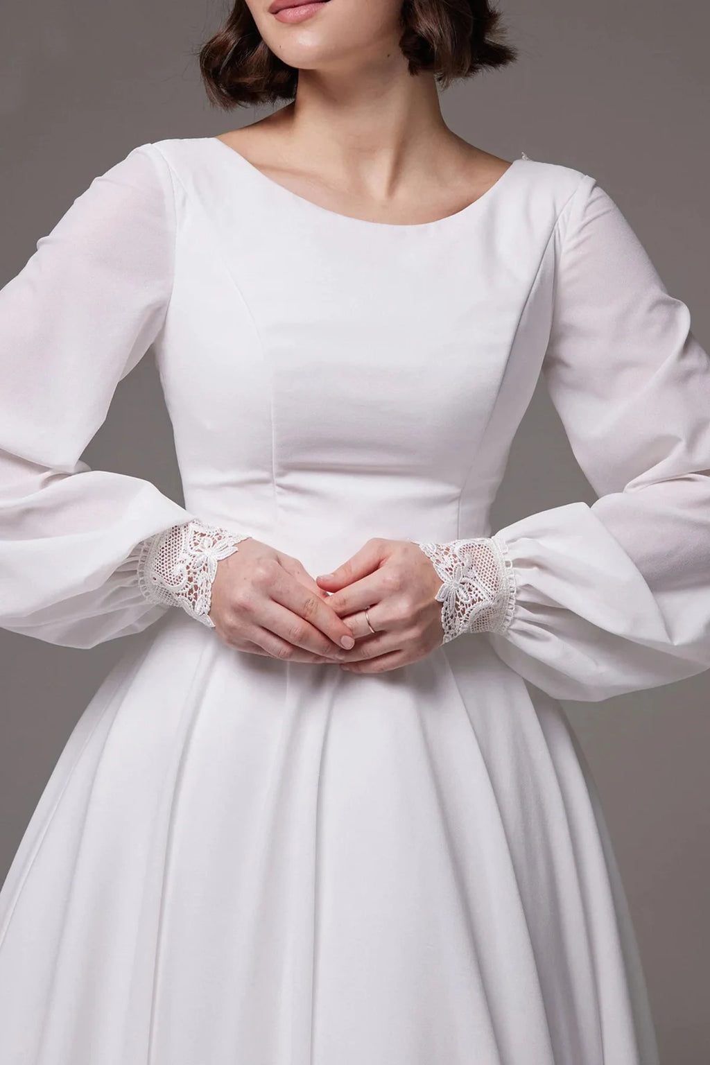 Timeless White Chiffon Modest Bridal Dress Featuring Long Bishop Sleeves and Pleated Waistband