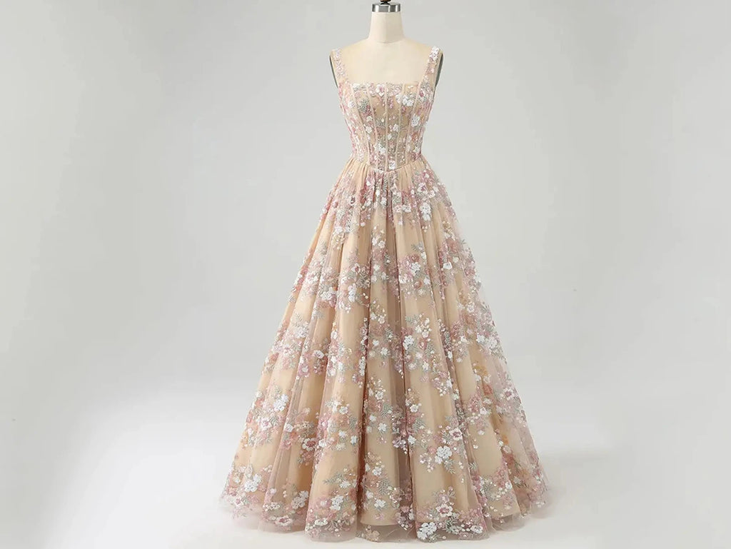 Champagne Floral Prom Gowns with Wide Straps for a Stunning Look