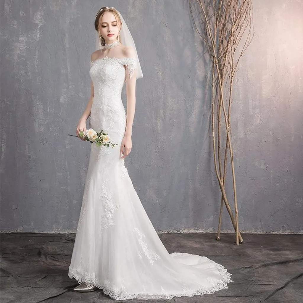 Off Shoulder Straight Neck Trumpet Wedding Dresses with Train - promboutiqueonline