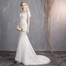 Load image into Gallery viewer, Off Shoulder Straight Neck Trumpet Wedding Dresses with Train