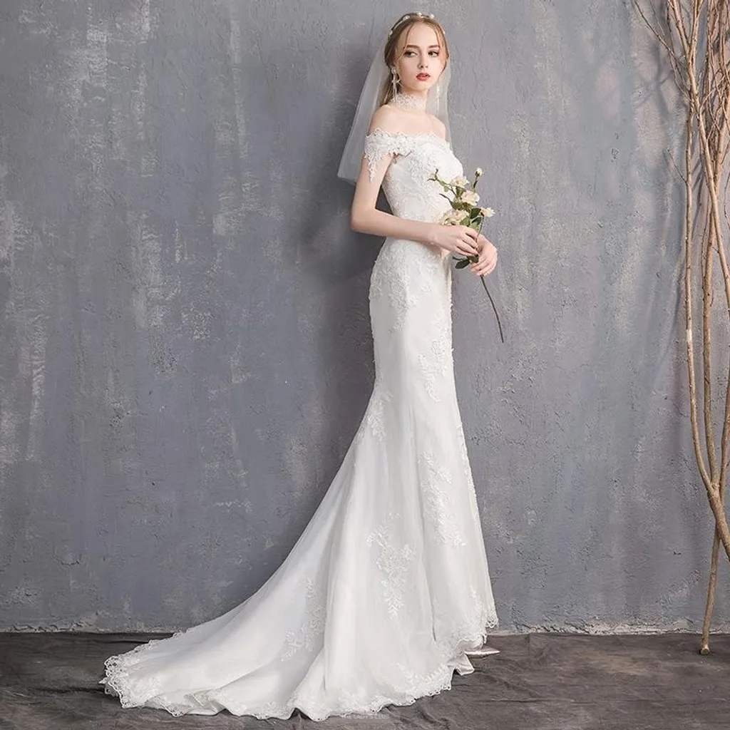 Off Shoulder Straight Neck Trumpet Wedding Dresses with Train - promboutiqueonline