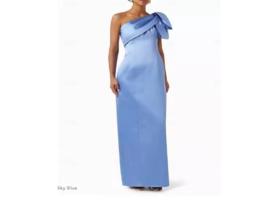 Black Satin Mother of the Bride Dress with One Shoulder and Bows P61