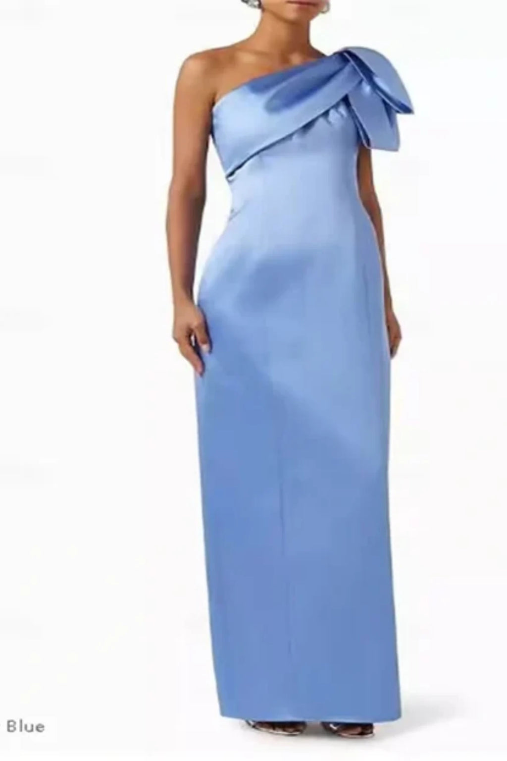 Front full-length view of a sky blue satin mother of the groom dress with an asymmetric one-shoulder neckline and flat bow details
