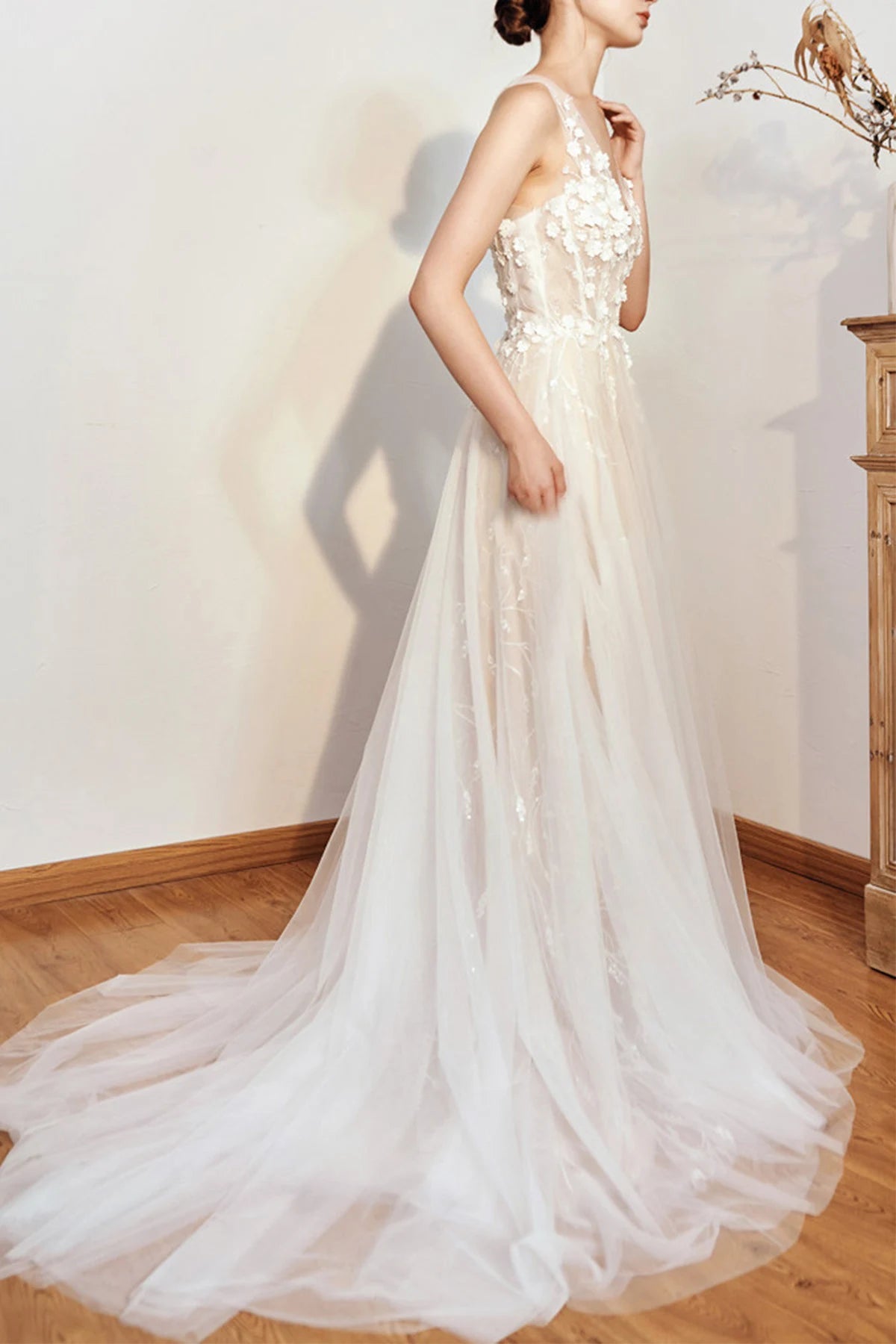 3D Floral Appliqué Plunging V-Neck A-Line Tulle Wedding Dress
