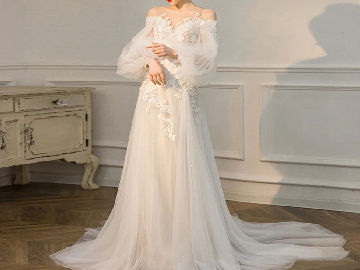 Fairy Cold Shoulder A-line Appliqued Tulle Wedding Dresses with Puffy Sleeves - promboutiqueonline
