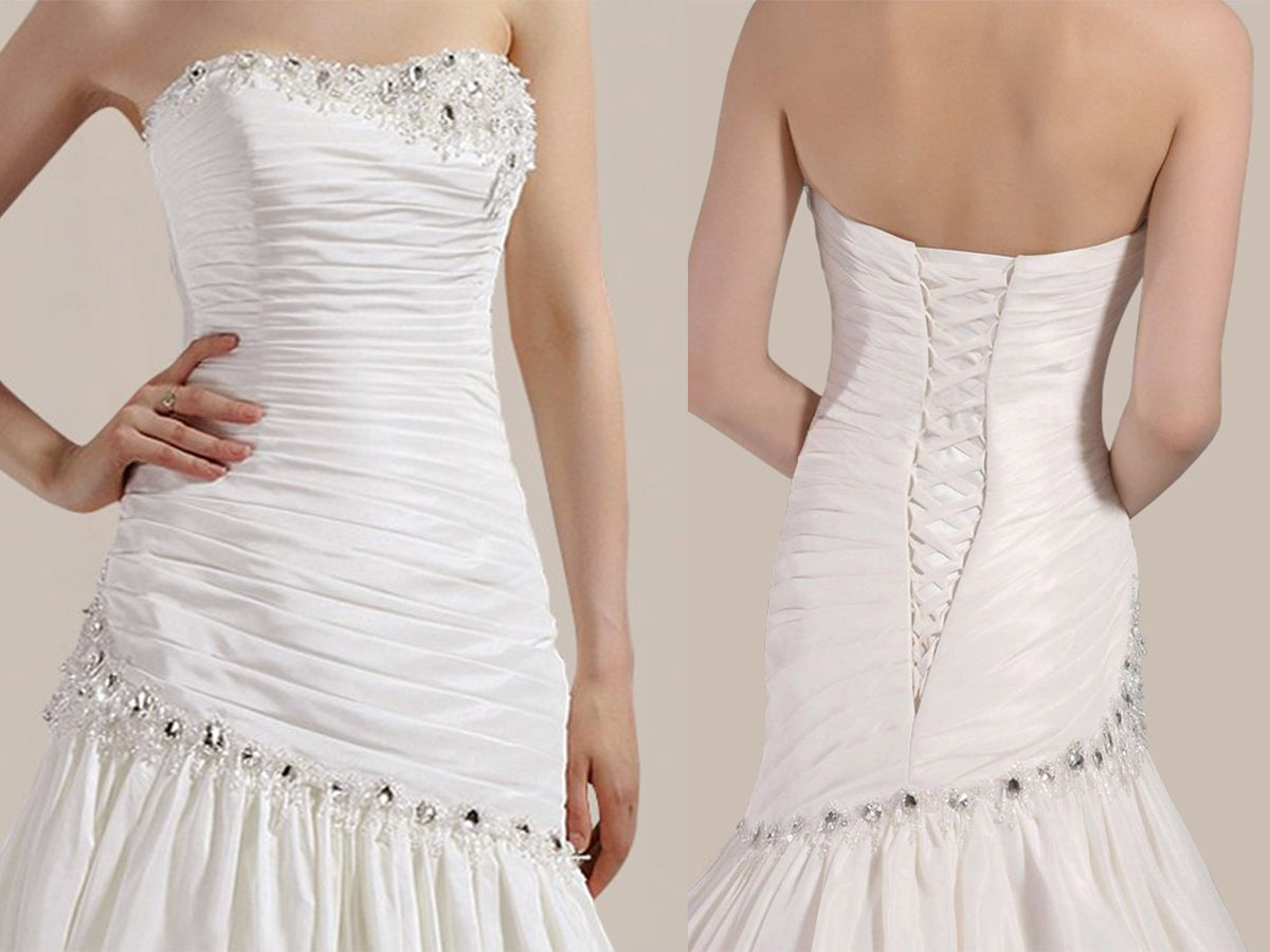Drop Waist Corset Wedding Dress with Asymmetric Pleats and Chapel Train P034