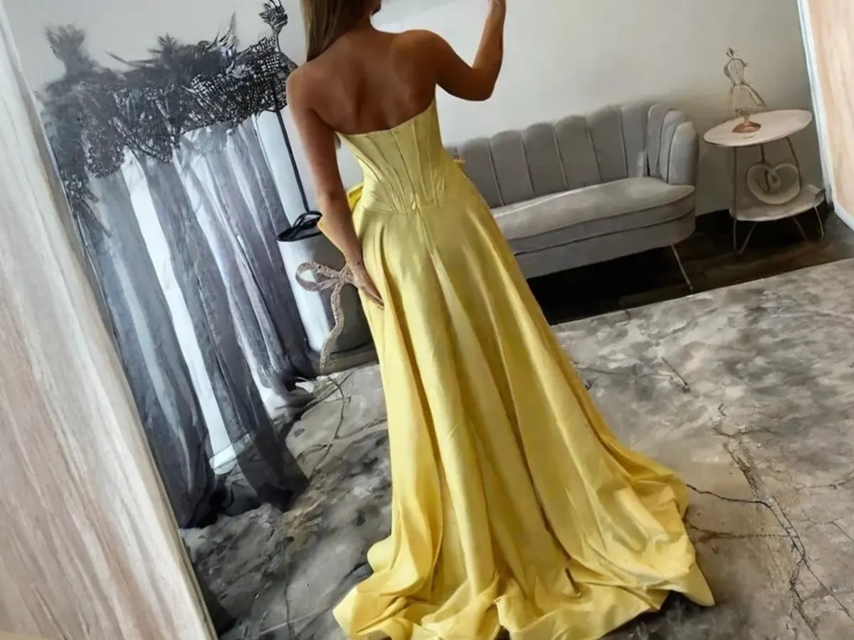 Yellow Strapless Formal Prom Dress with Big Bow Detail - Style P019