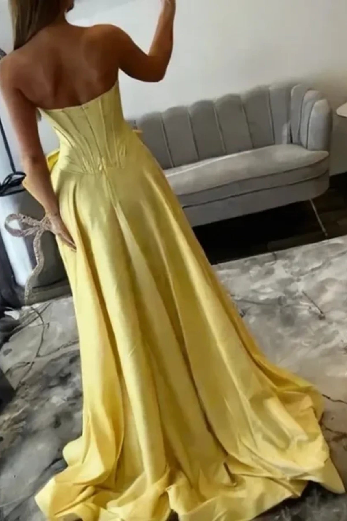 back detail of the yellow corset a-line prom dress