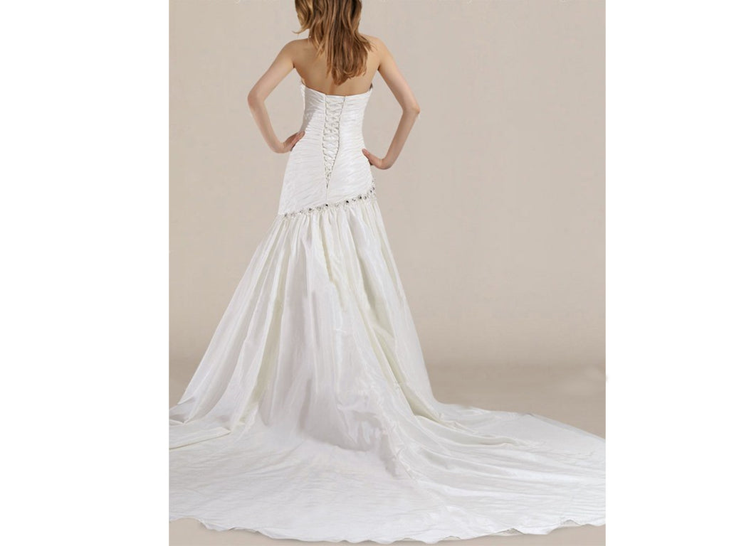 Drop Waist Corset Wedding Dress with Asymmetric Pleats and Chapel Train P034