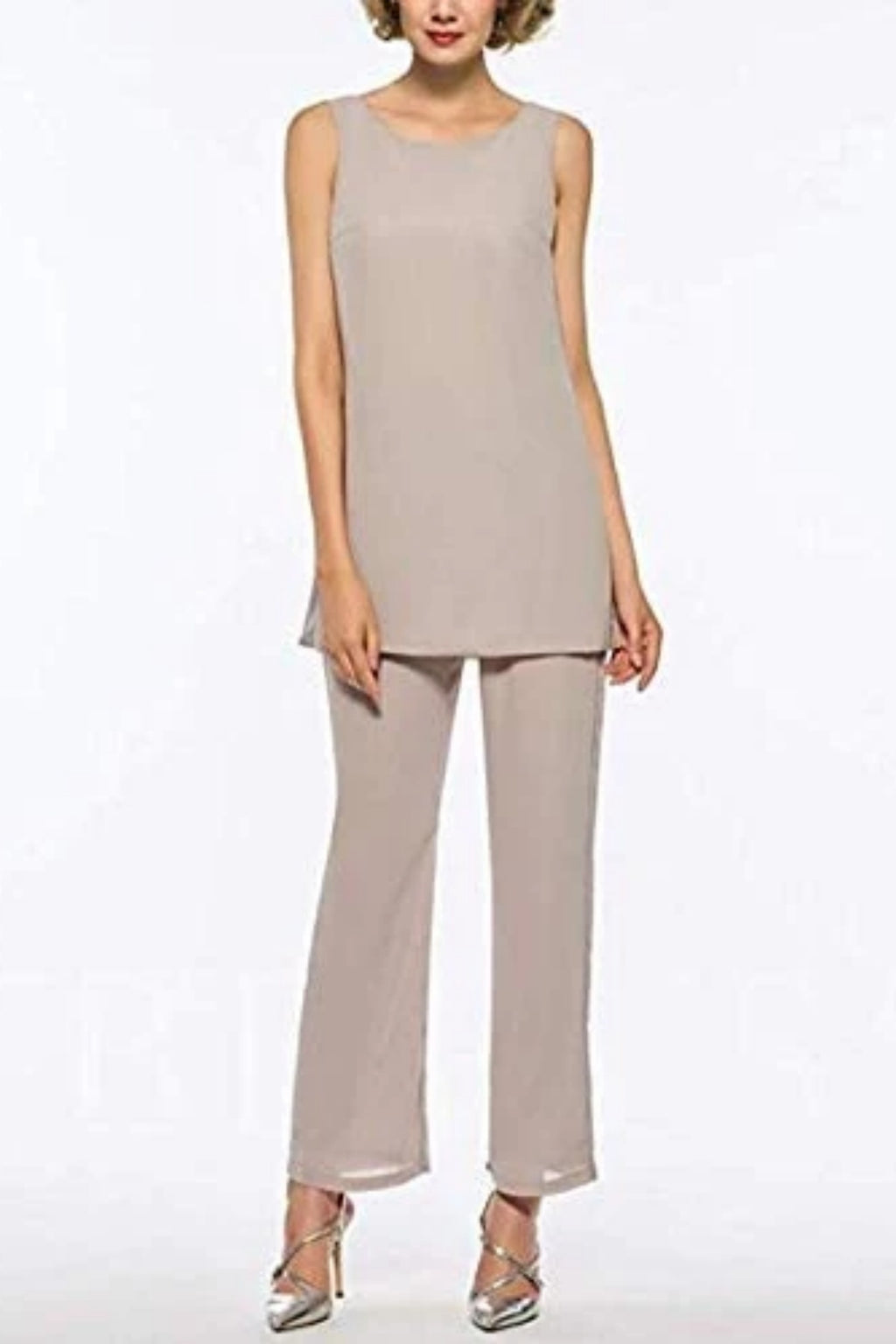 tank top and straight-leg pants in neutral taupe color