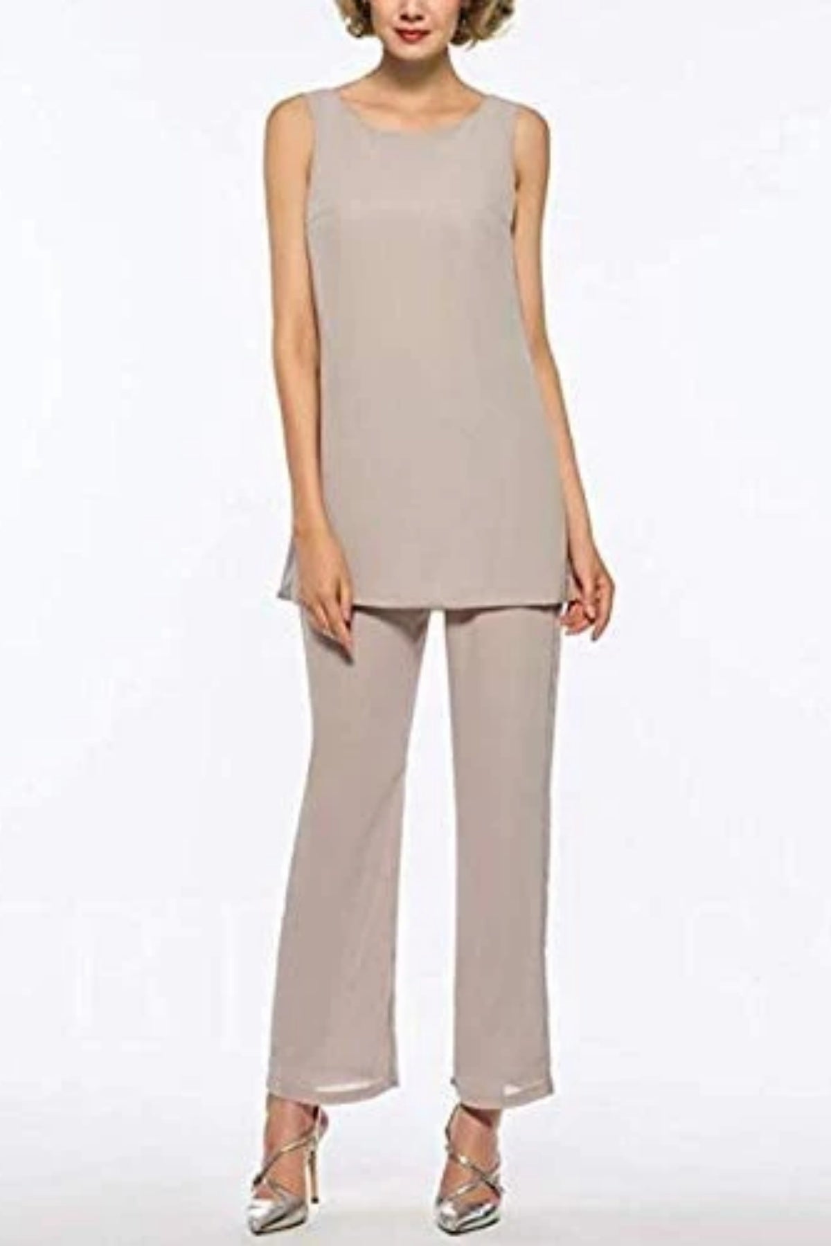 tank top and straight-leg pants in neutral taupe color