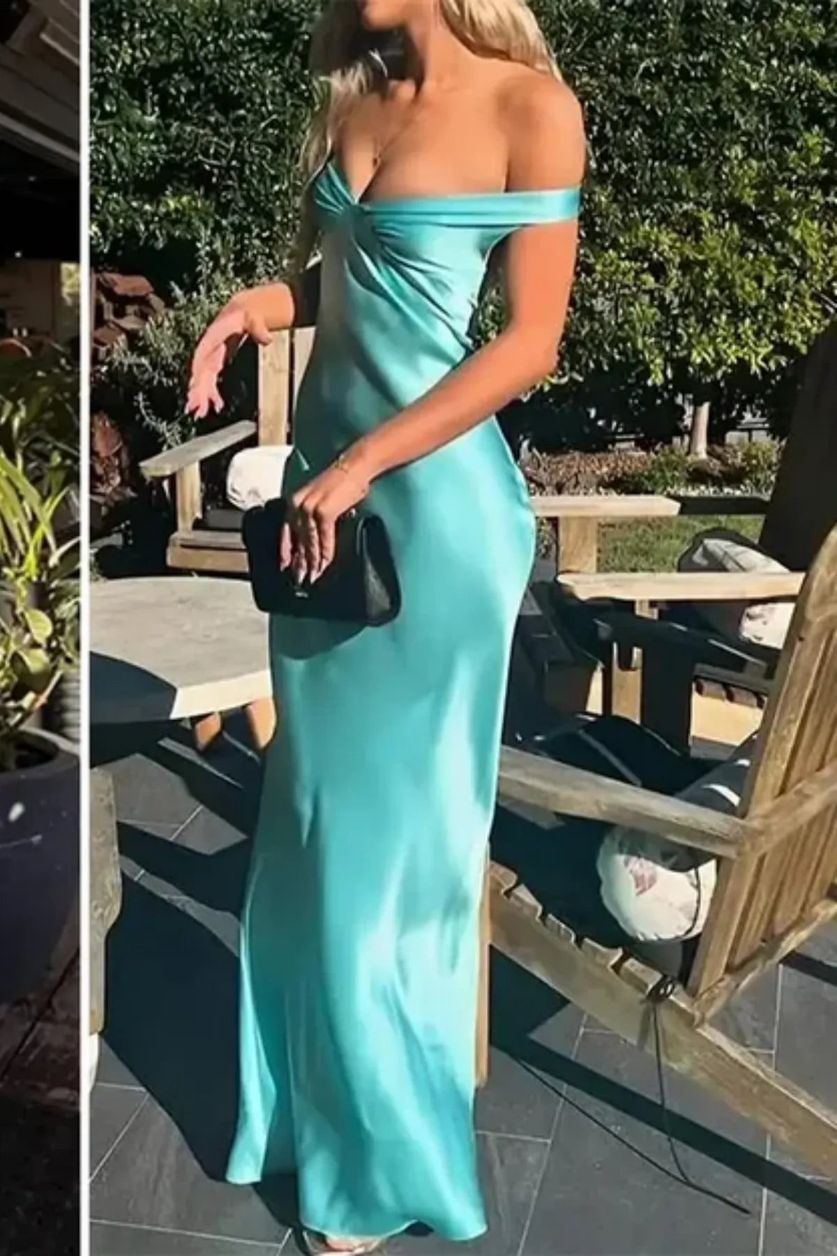 teal satin empire waist prom dress with sheath silhouette