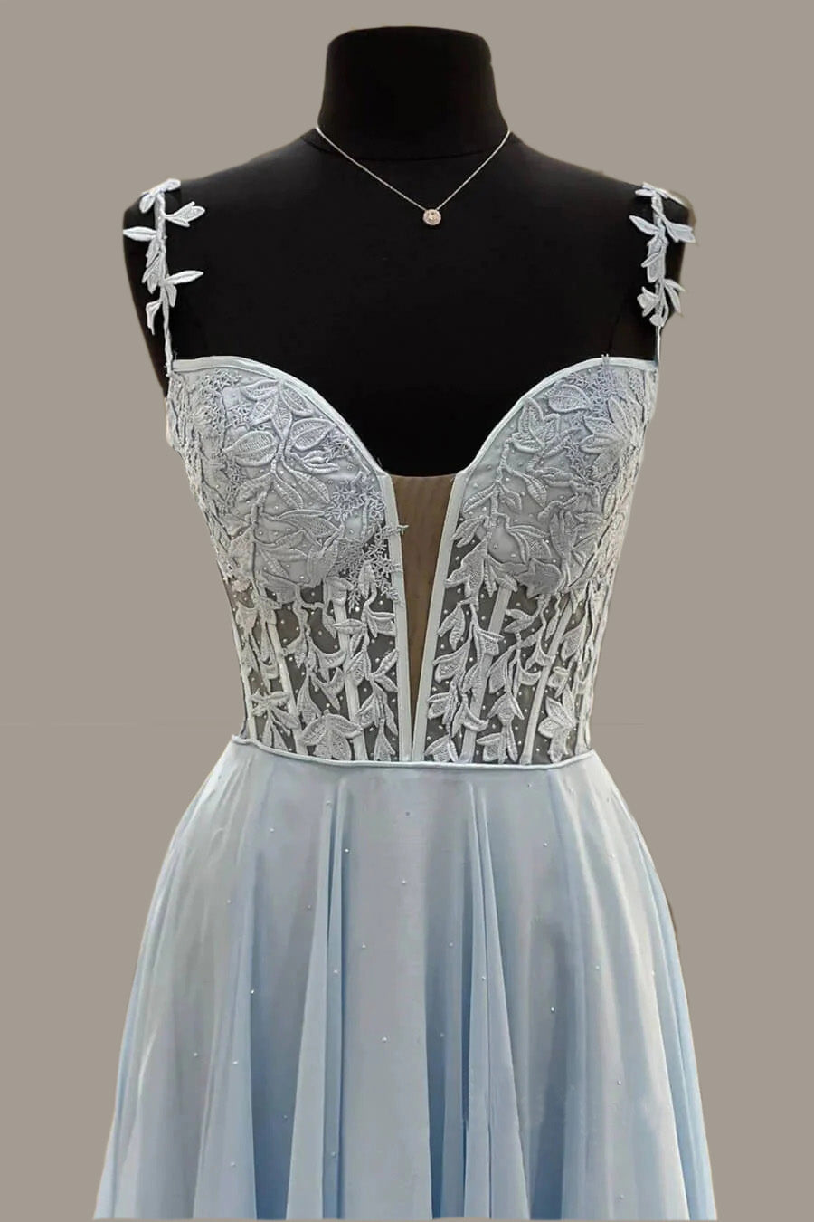 Plunging See Through Corset Blue Straps Prom Dresses Slit  P630 - promboutiqueonline