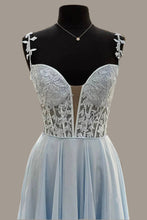 Load image into Gallery viewer, Plunging See Through Corset Blue Straps Prom Dresses Slit  P630