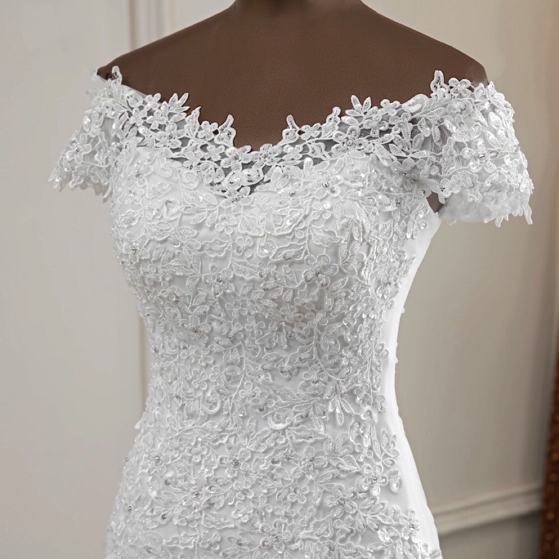 Appliqued mermaid off the shoulder lace wedding gowns with short sleeves - promboutiqueonline