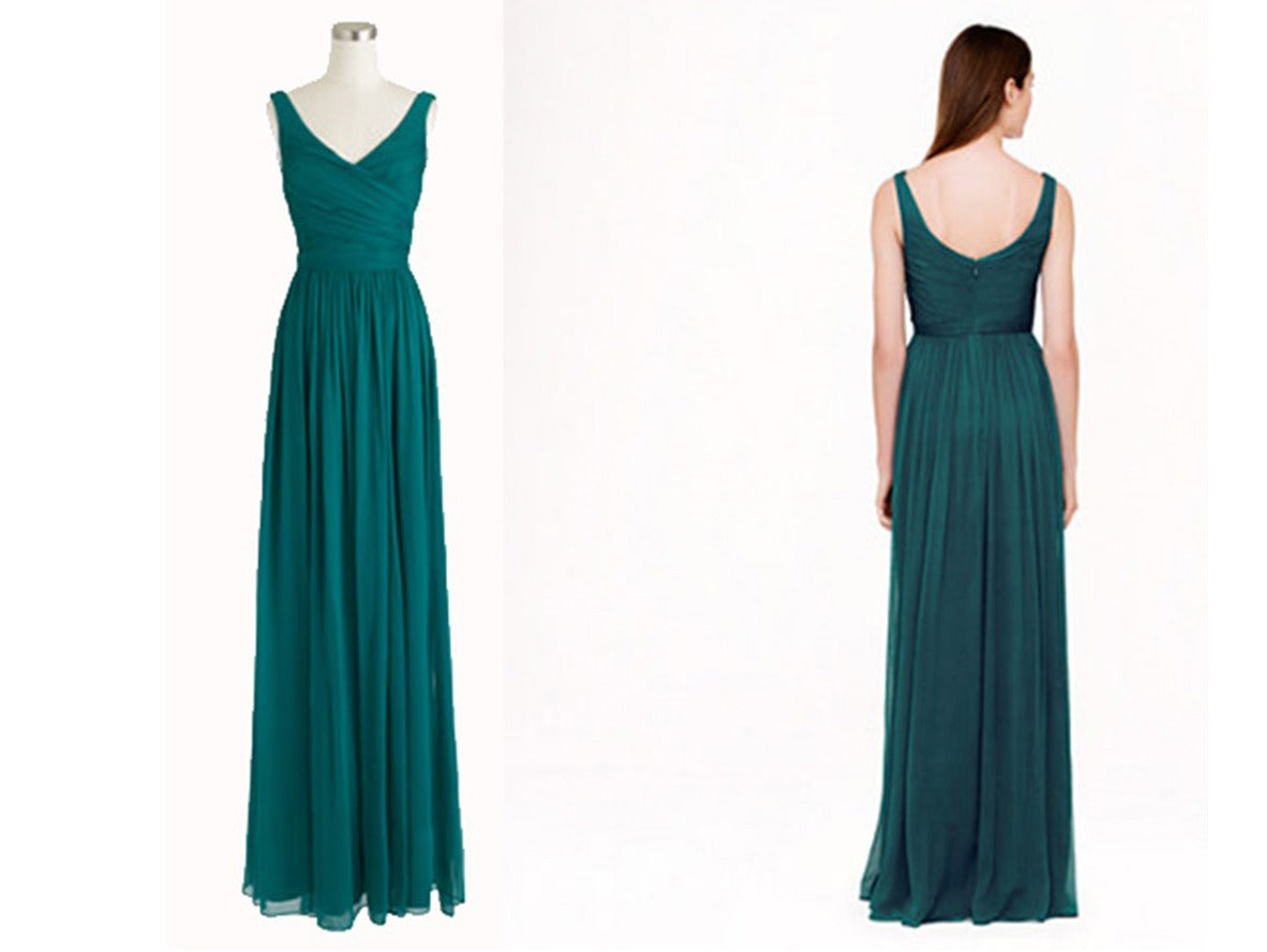 V-neck Cross Pleated Long Bridesmaid Dresses - promboutiqueonline