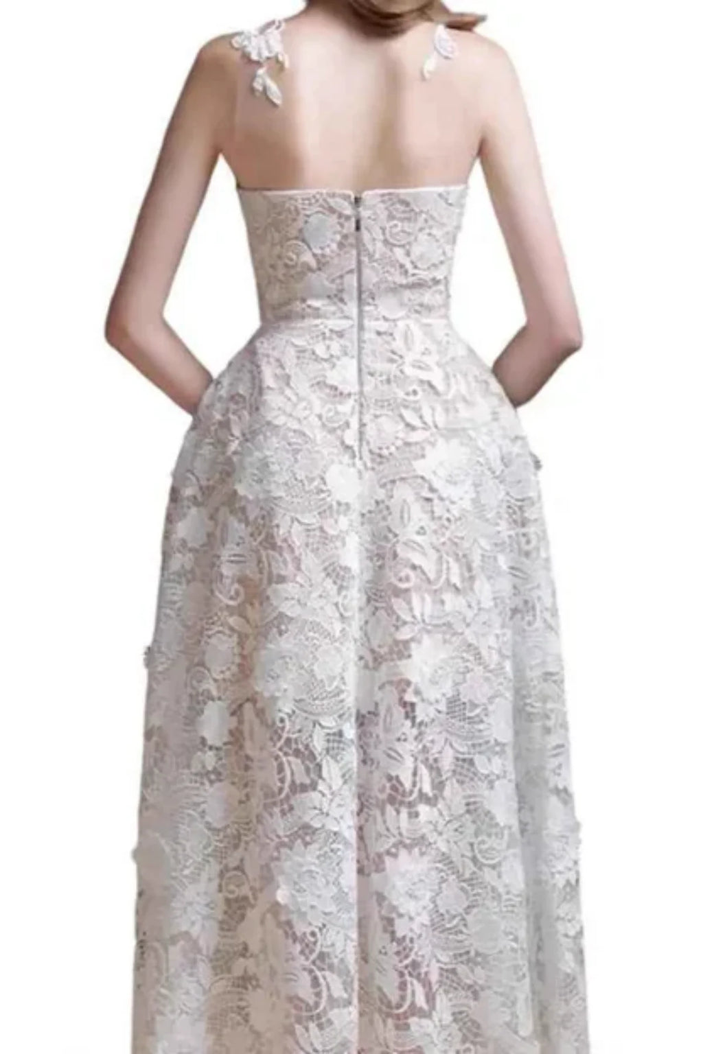 White Lace Tea Length Civil Wedding Dress with High Illusion Neckline P039