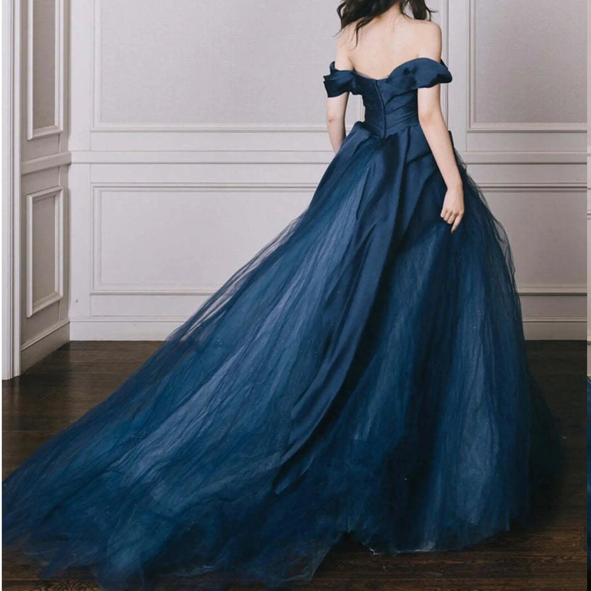 Off The Shoulder Blue Wedding Gown with Elegant Flower Detail