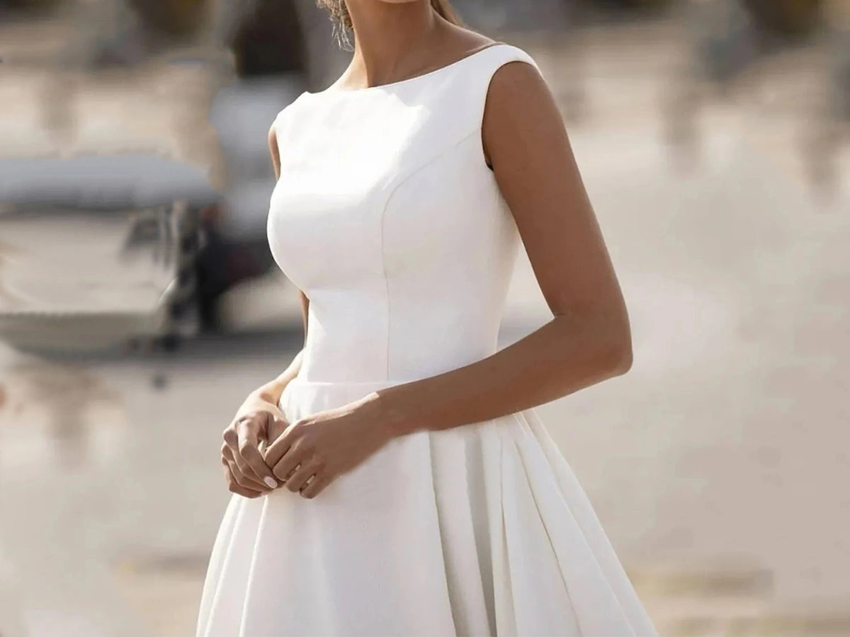 Elegant Bateau Neck A-line Wedding Gown with Buttoned Back P036 - Perfect Elegant Bateau Neck Wedding Gown