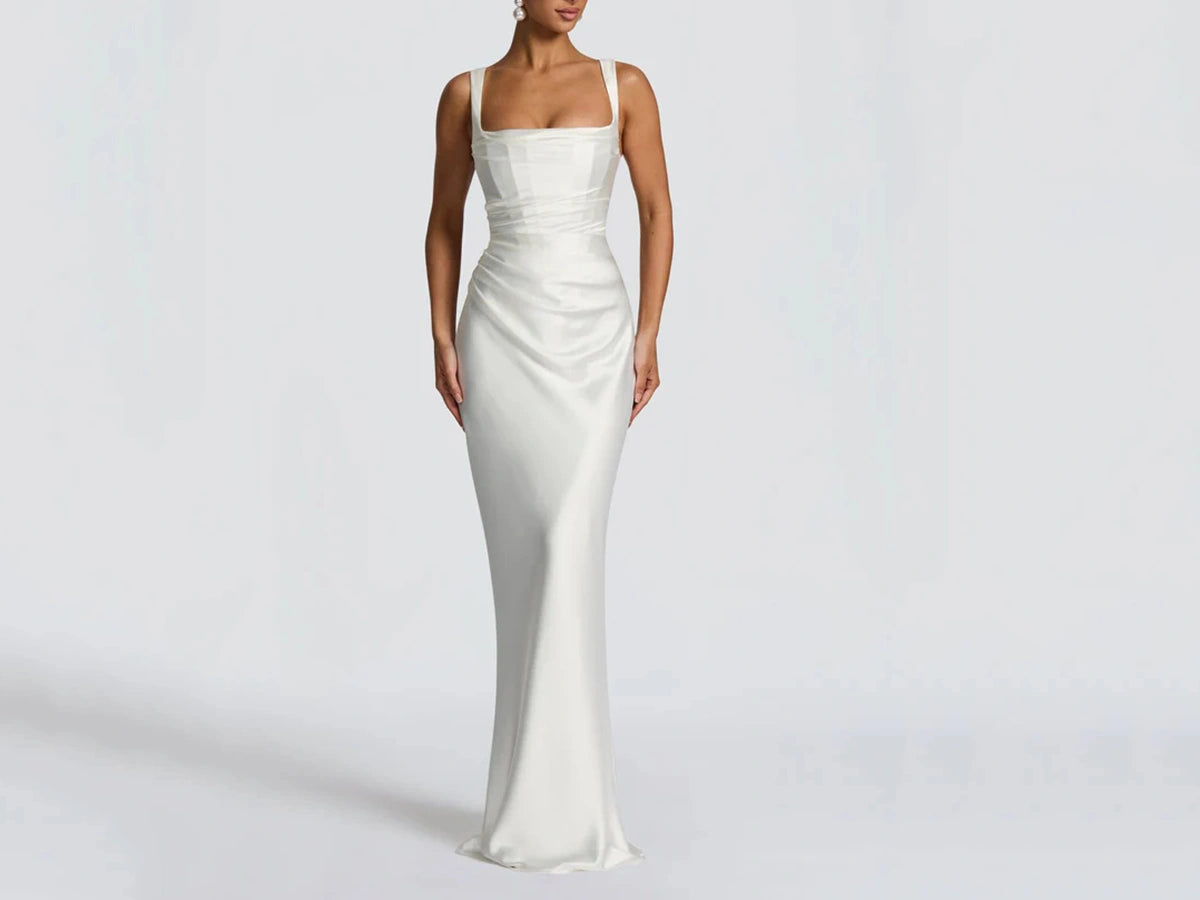 Vintage Bridal Corset Dress - Square Neck Ruched Sheath Gown P035 for Timeless Elegance