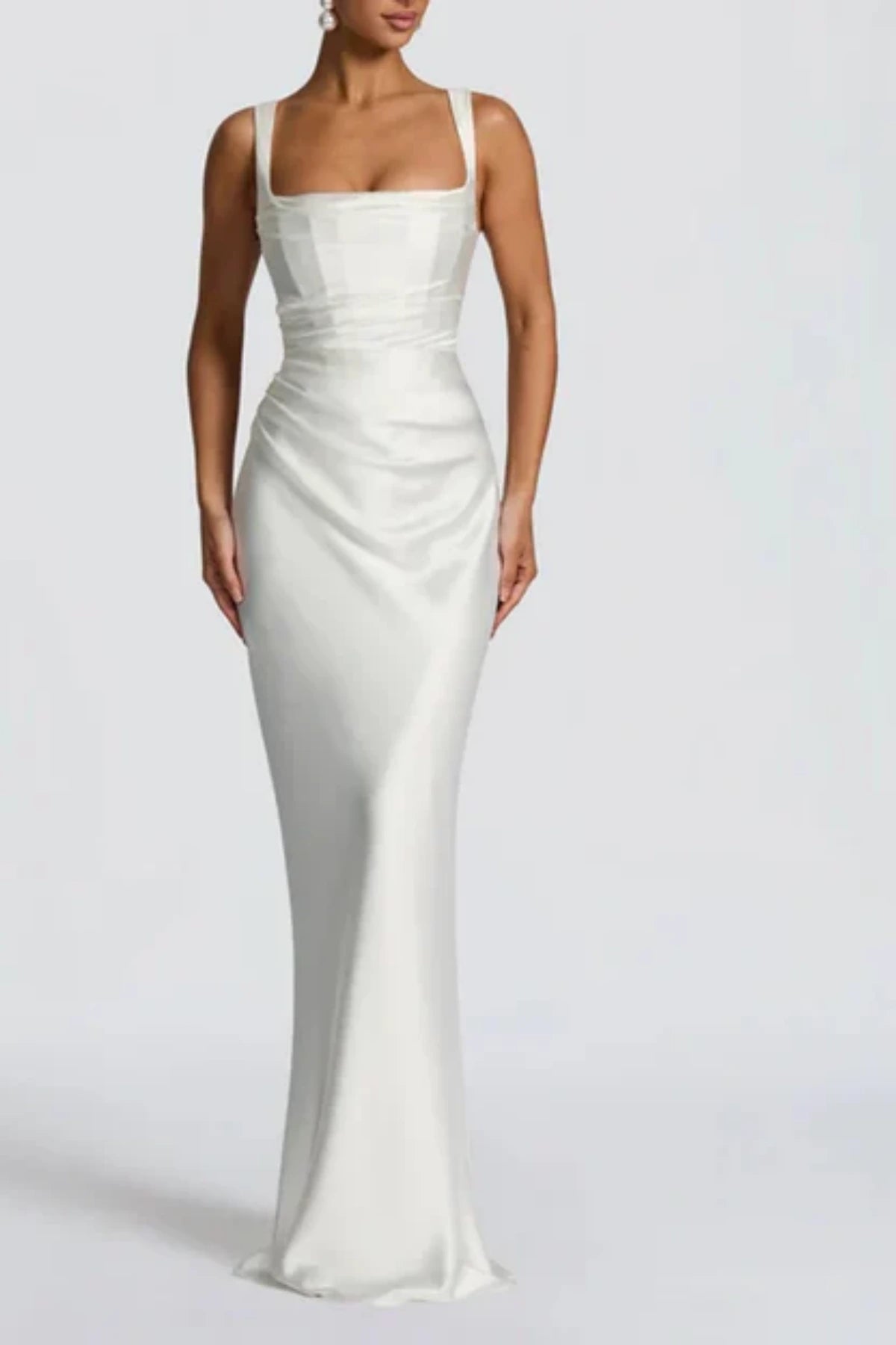Vintage inspired satin wedding dress with corset bodice, ruched detailing and slim silhouette full length view