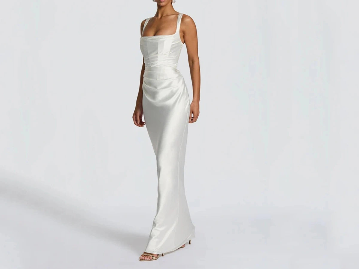 Vintage Bridal Corset Dress - Square Neck Ruched Sheath Gown P035 for Timeless Elegance