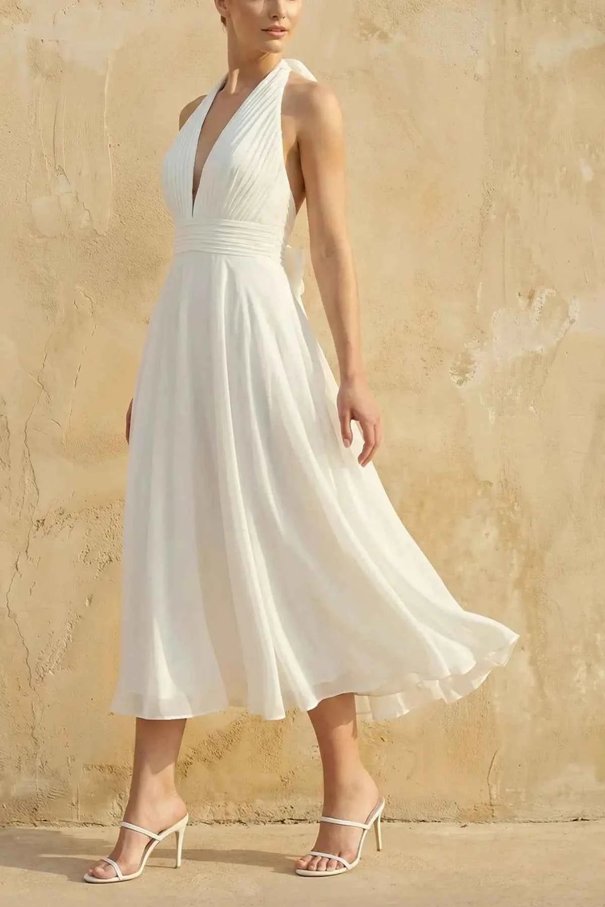 Retro Halter Bridal Gown - Pleated Tea-length A-Line Chiffon Wedding Dress with Keyhole Back
