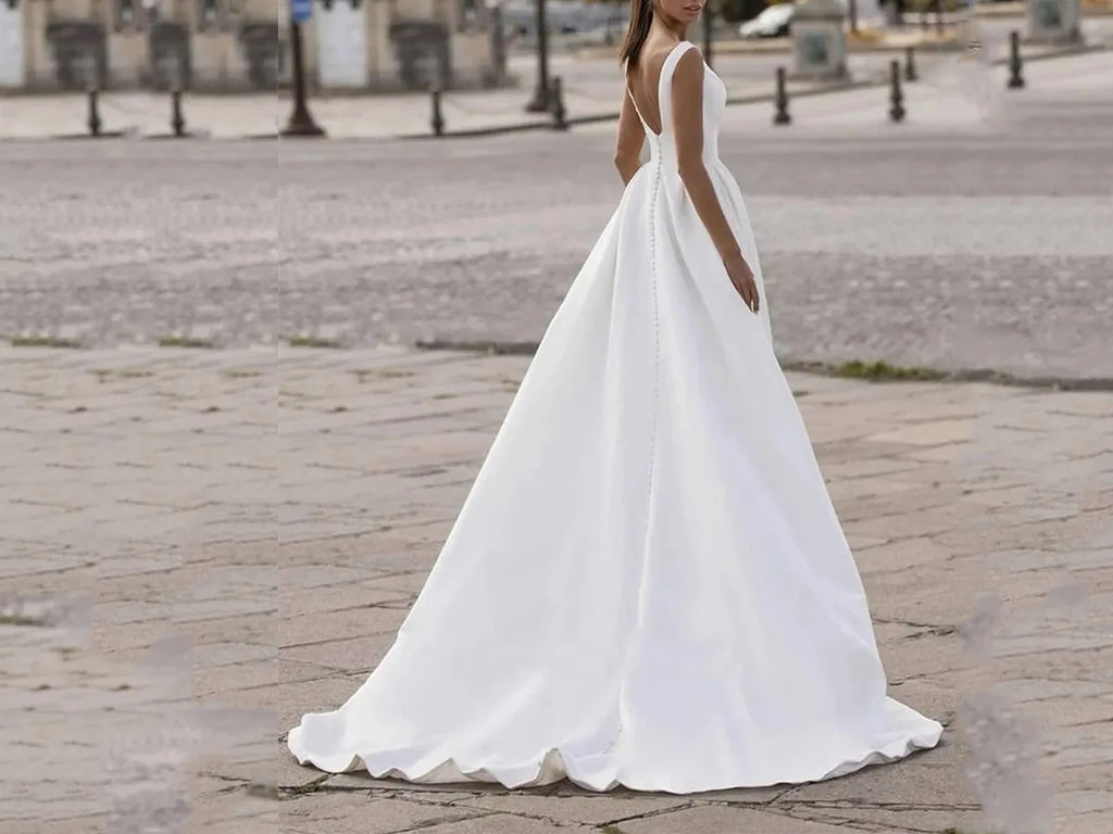 Elegant Bateau Neck A-line Wedding Gown with Buttoned Back P036 - Perfect Elegant Bateau Neck Wedding Gown