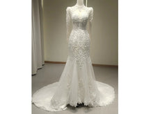 Load image into Gallery viewer, White Lace Bedazzled Mermaid Wedding Dress with Long Sleeves