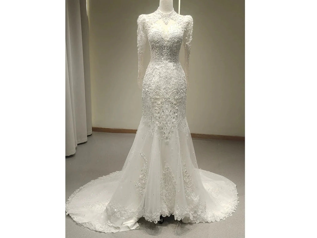 White Lace Bedazzled Mermaid Wedding Dress with Long Sleeves