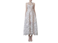 Load image into Gallery viewer, White Lace Tea Length Civil Wedding Dress with High Illusion Neckline P039